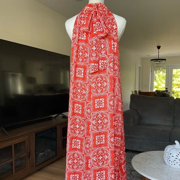 Ann Taylor Tiled Flowy Tie Neck Halter Maxi Dress - Picture 9 of 12